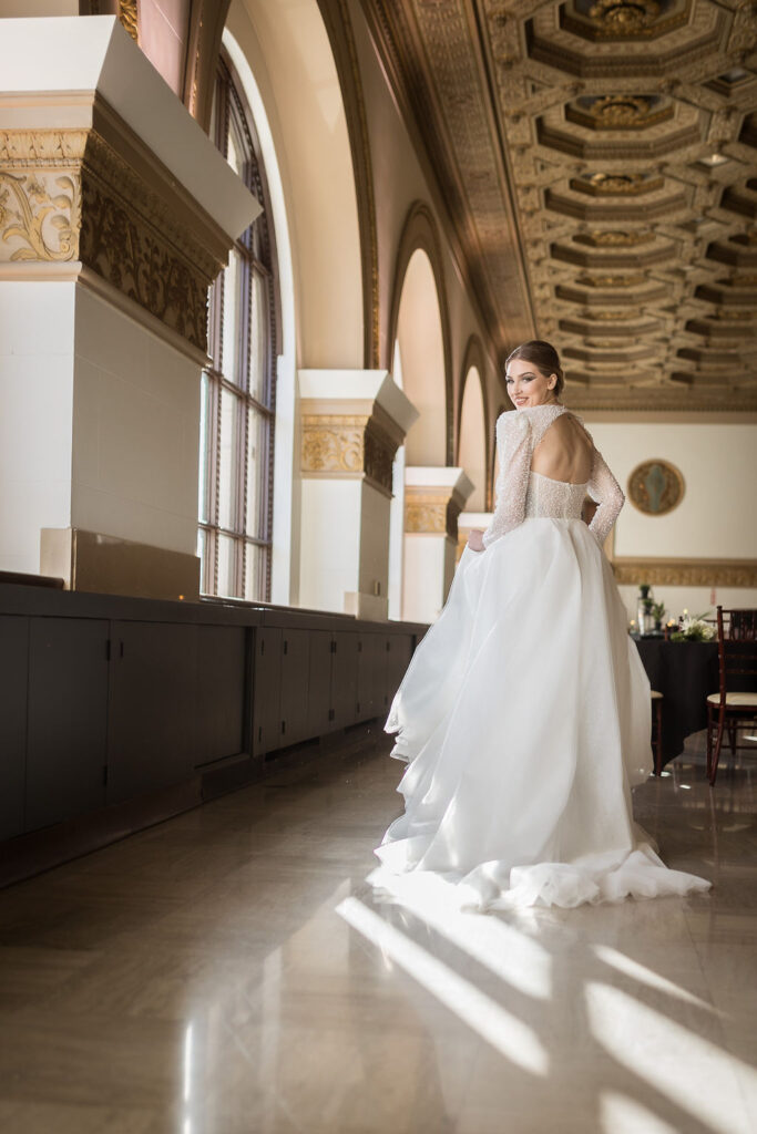 Bride in white wedding dress at Metro Detroit wedding venue