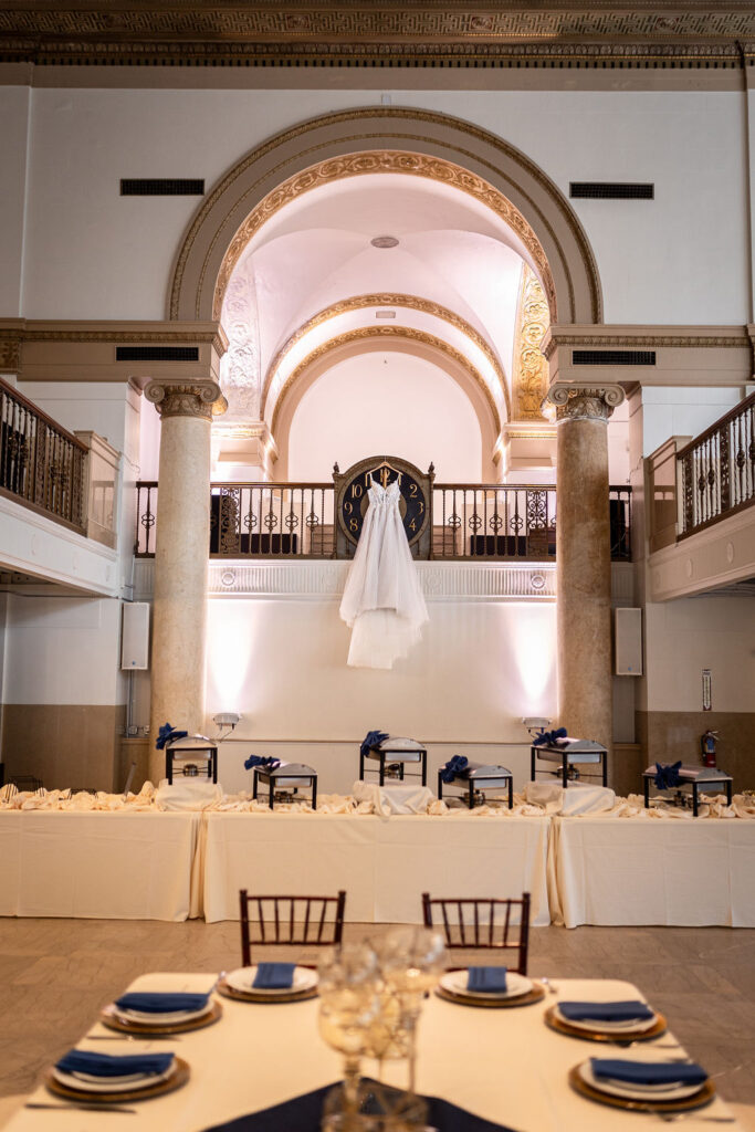 wedding dress hanging in wedding venue in Detroit MI