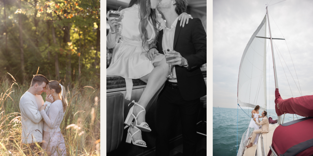 Couples posing for what to wear for engagement photos in Michigan
