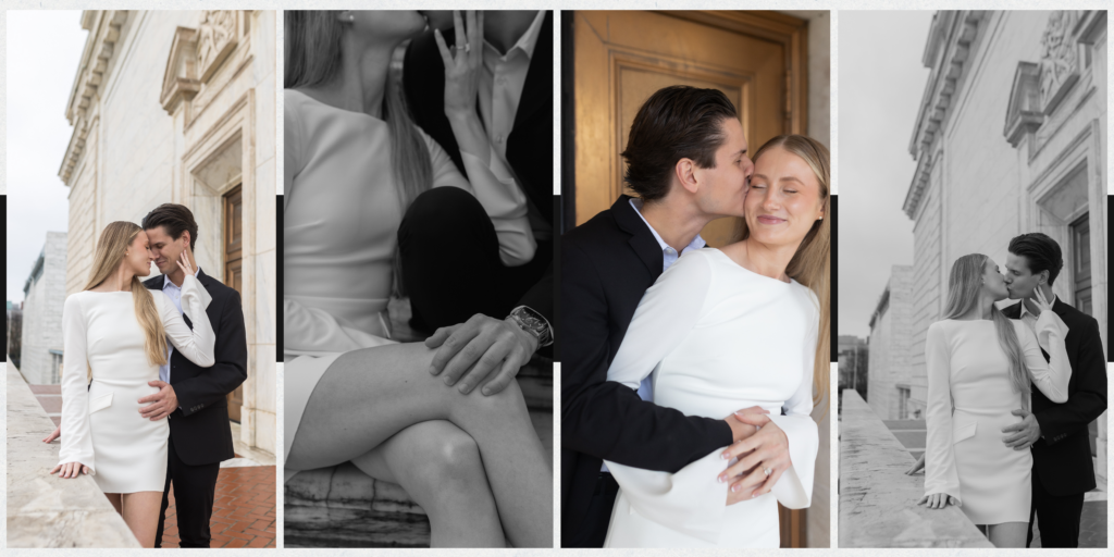 Man and woman posing for engagement photos at the Detroit Institute of Arts