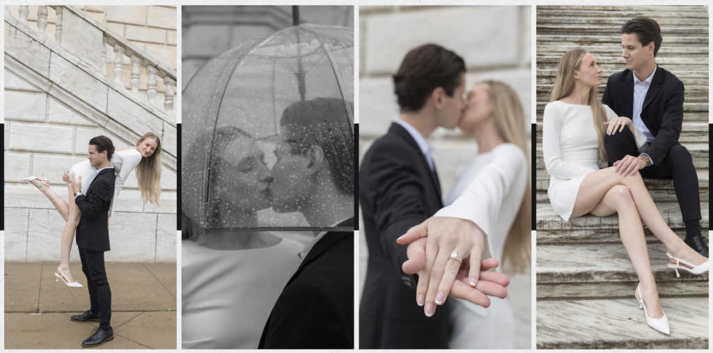 Couple posing for engagement photos at Detroit Institute of Arts in Detroit Michigan