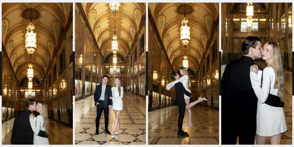 Couple posing for engagement photos at Fisher Building in Detroit MI