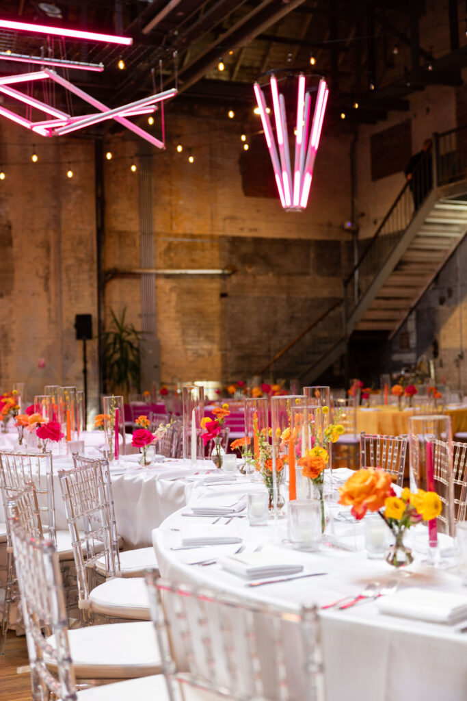Industrial wedding decor tables at Jam Handy Detroit Wedding
