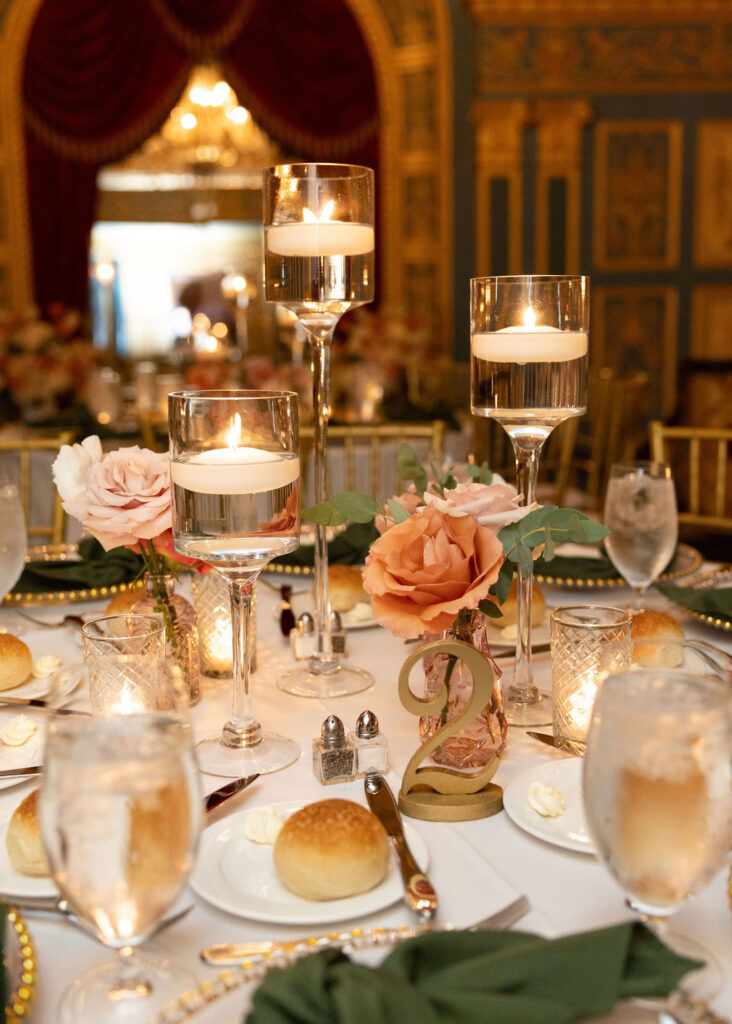 Candles and table centerpiece for Detroit Opera House wedding
