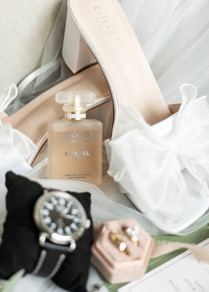 Wedding day details with perfume and shoe during Detroit wedding