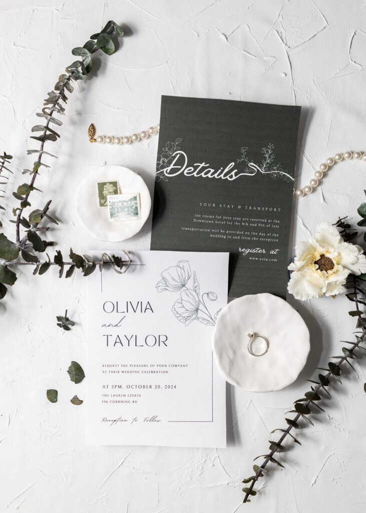 Wedding Detail photos flat lay with invitations by Metro Detroit wedding photographer savvy shoots