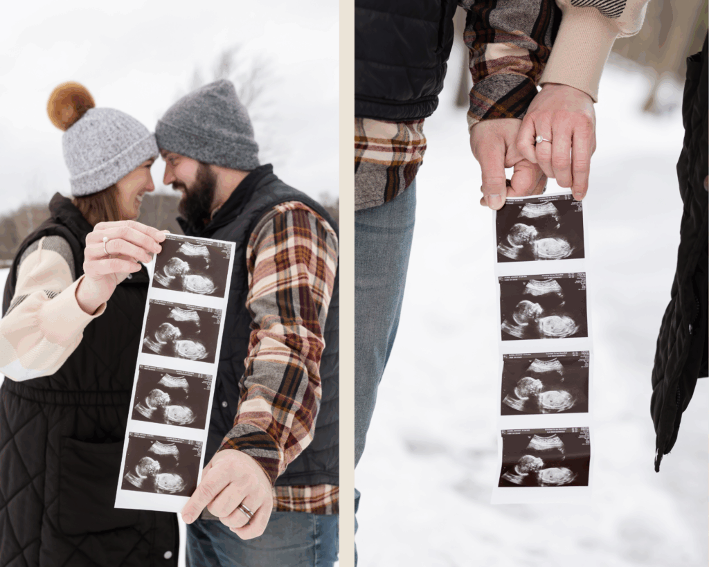 Man and woman hold sonogram photos during maternity photos in Metro Detroit MI