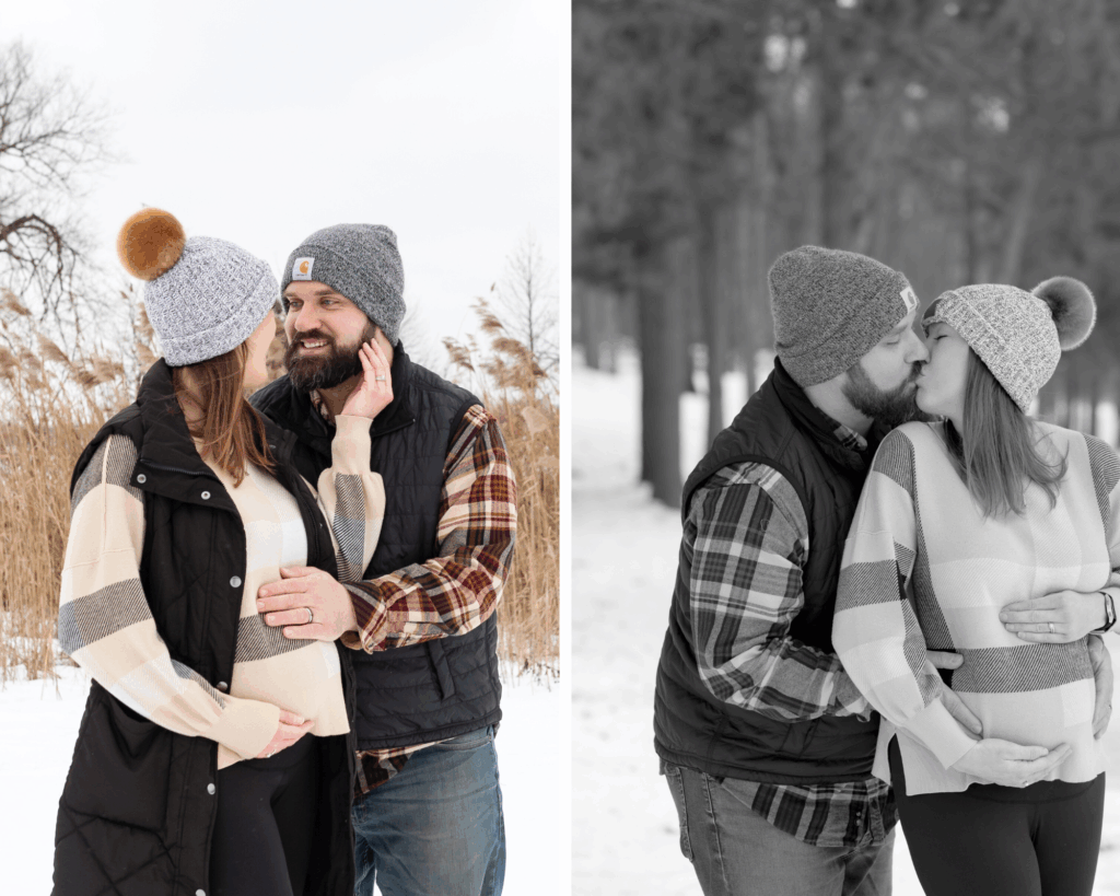 Man and woman post for winter maternity photos in Waterford MI