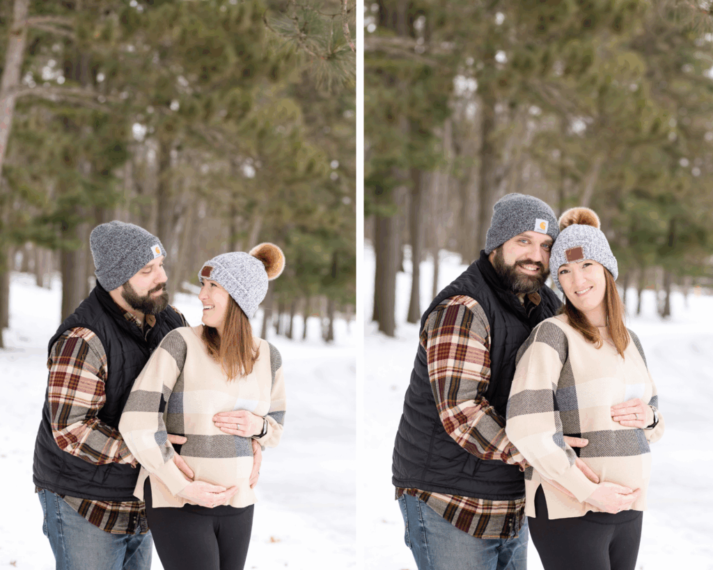 Man and woman look at each other during maternity photography in Waterford MI