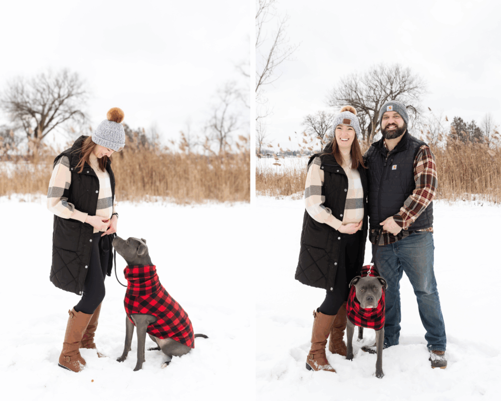 Woman poses with dog during snowy maternity photography