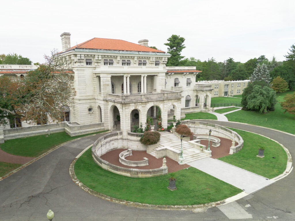 Drone photograph outside of front of Elkins Estate PA Wedding