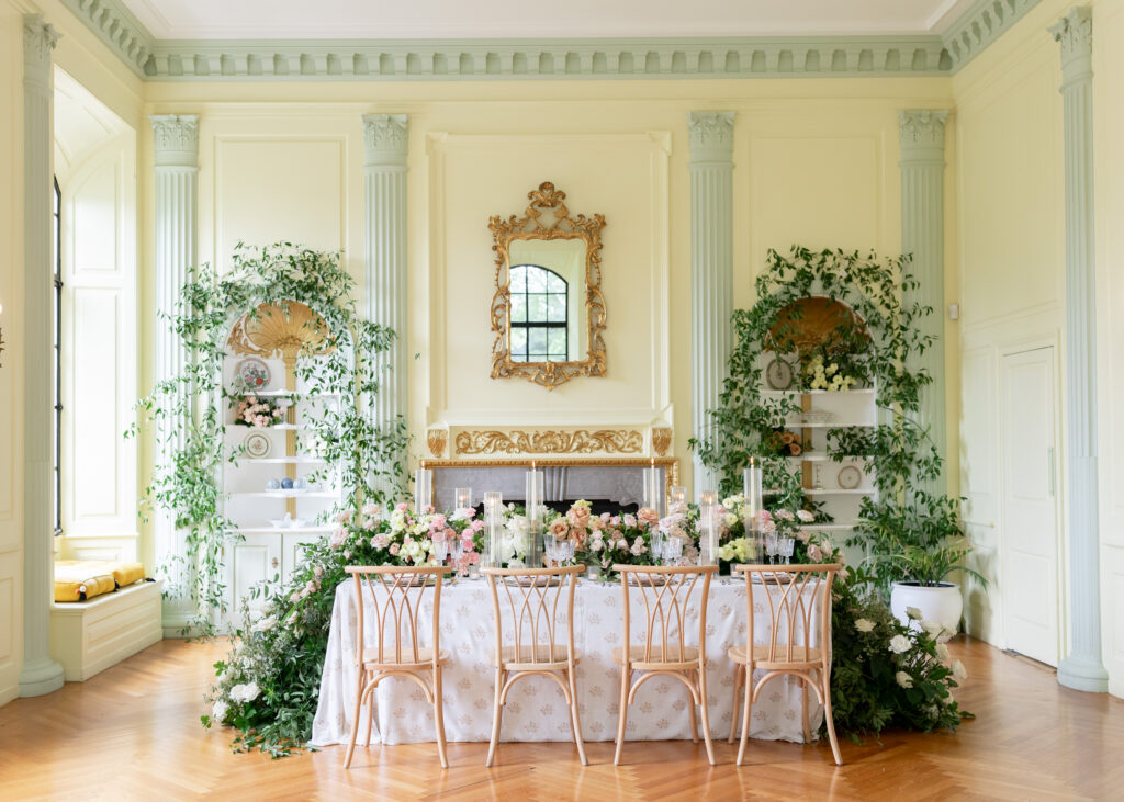 Reception table design with wooden chairs by PA Wedding Photographer at Elkins estate Wedding